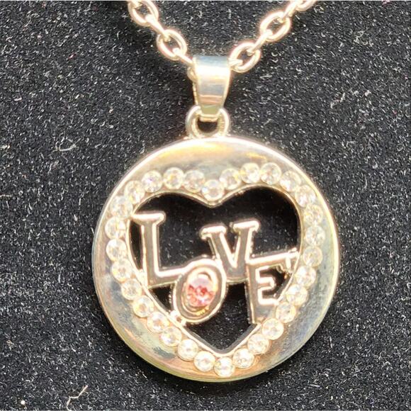 Vintage Heart Necklace Silver Heart Love Necklace Rhinestones Pink Stone Heart - Picture 3 of 8